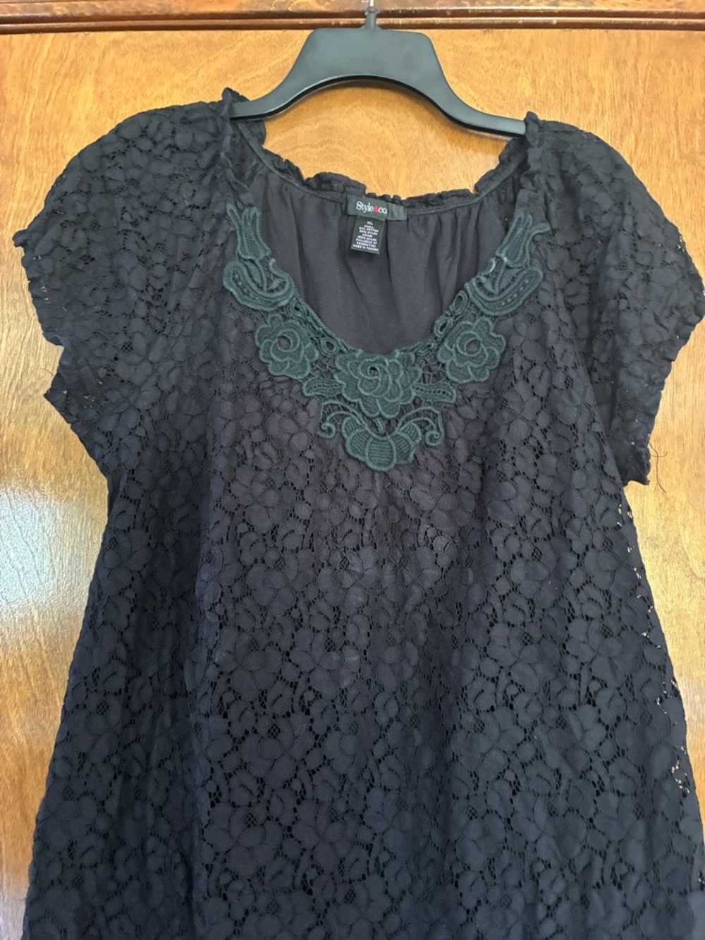 Style & Co. Black Lace Short Sleeve Top with Embroidered Neckline - Picture 3 of 4